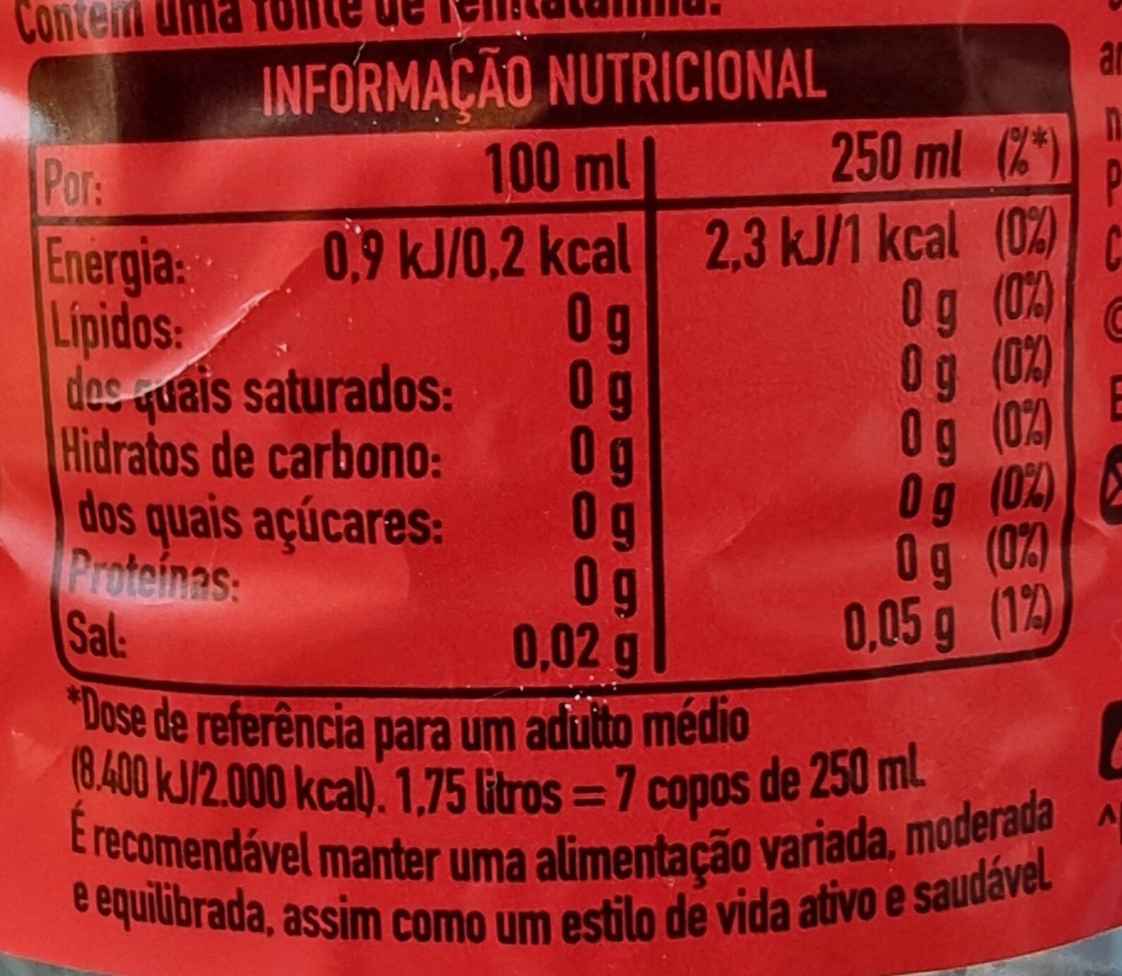 Coca-Cola Zero Açúcar - Dados nutricionais