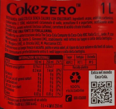 Coca cola 1 litre zero 100da - Ingredienti