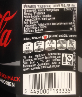 Cola Zero - Tableau nutritionnel