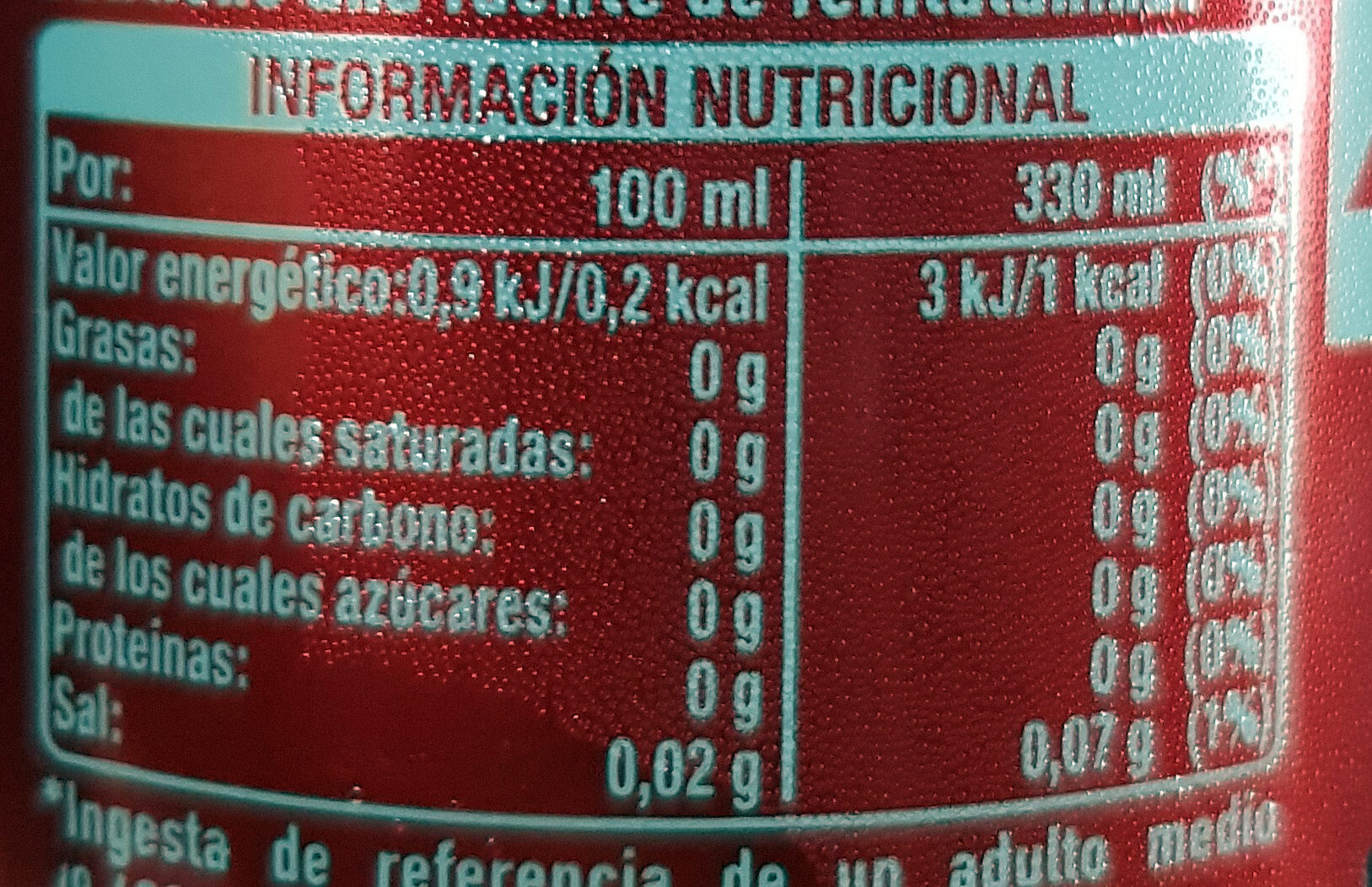 Coca-Cola Zero azúcar Zero cafeína - Información nutricional