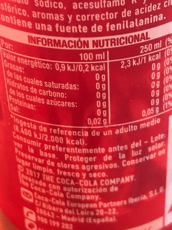 Cocacola zero azúcar zero cafeína - Informació nutricional - es