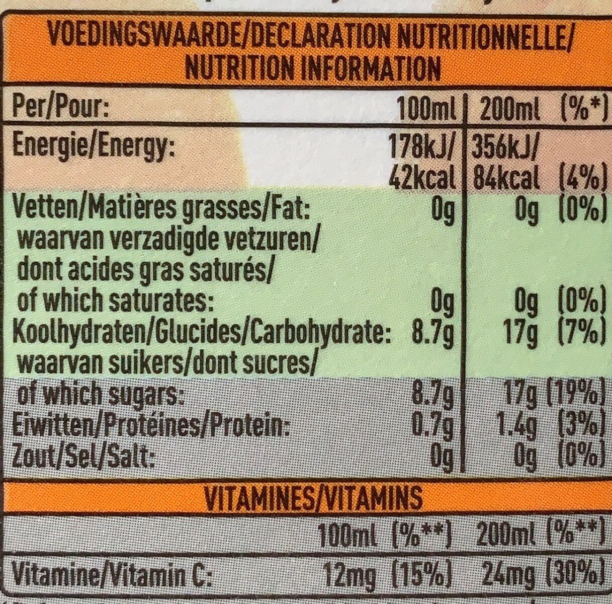 Minute Maid Orange - Tableau nutritionnel