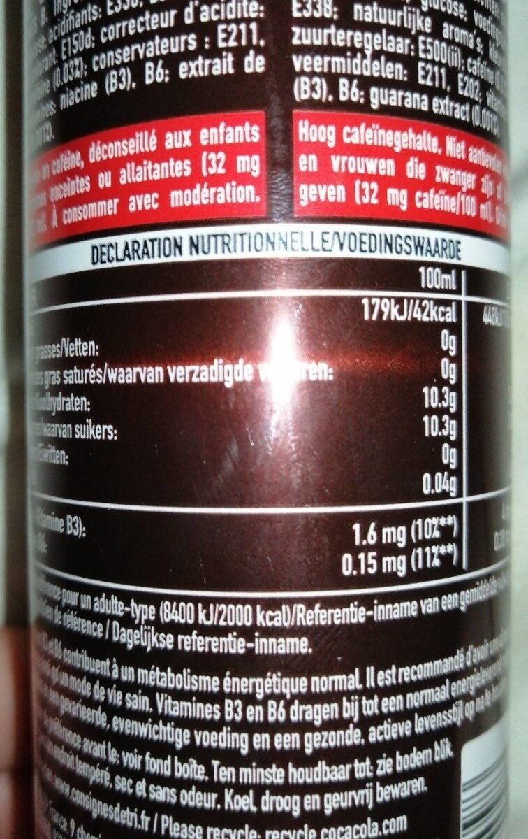 CocaCola Energy - Tableau nutritionnel