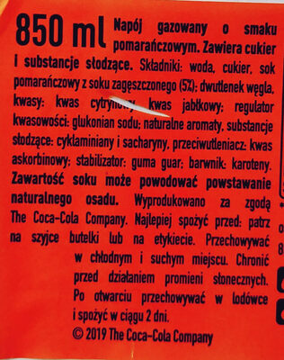 Fanta Pomarańczowa 0.85 - Ingredients - pl