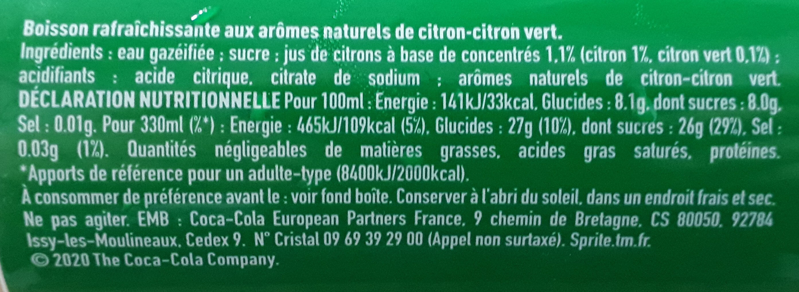 Sprite - Arômes naturels de citron - citron vert - Nährwertangaben - fr