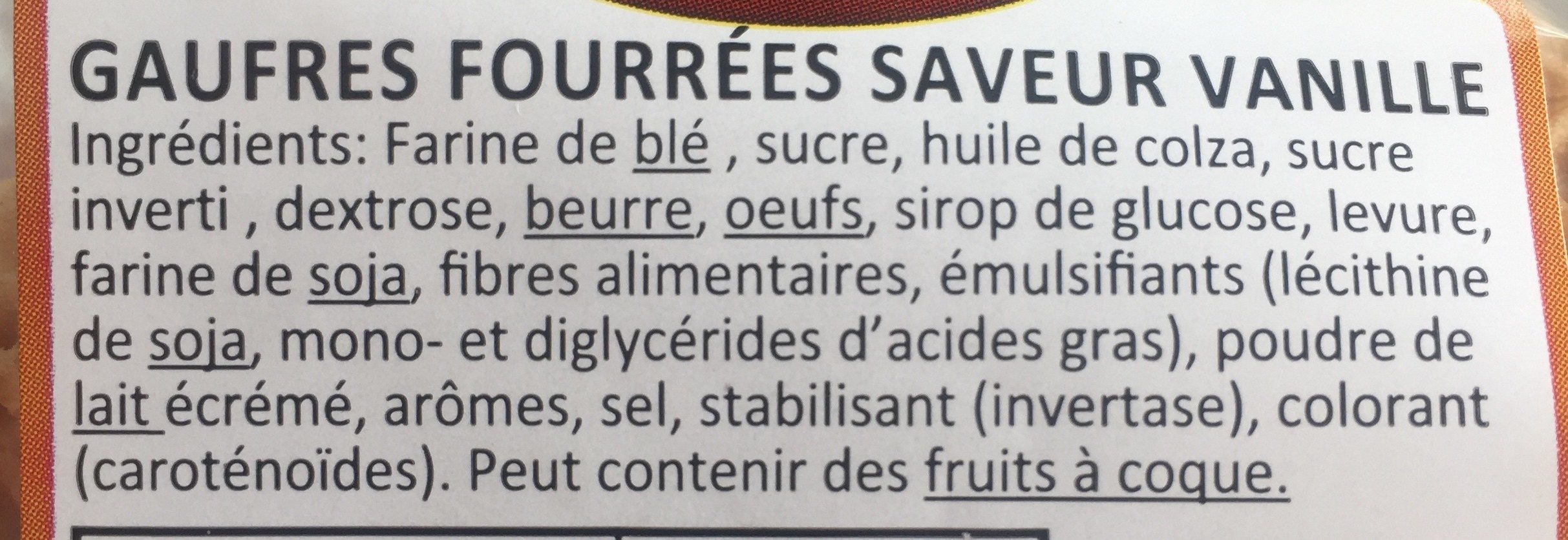 Gaufres Fourrées Saveur Vanille - Ingrédients