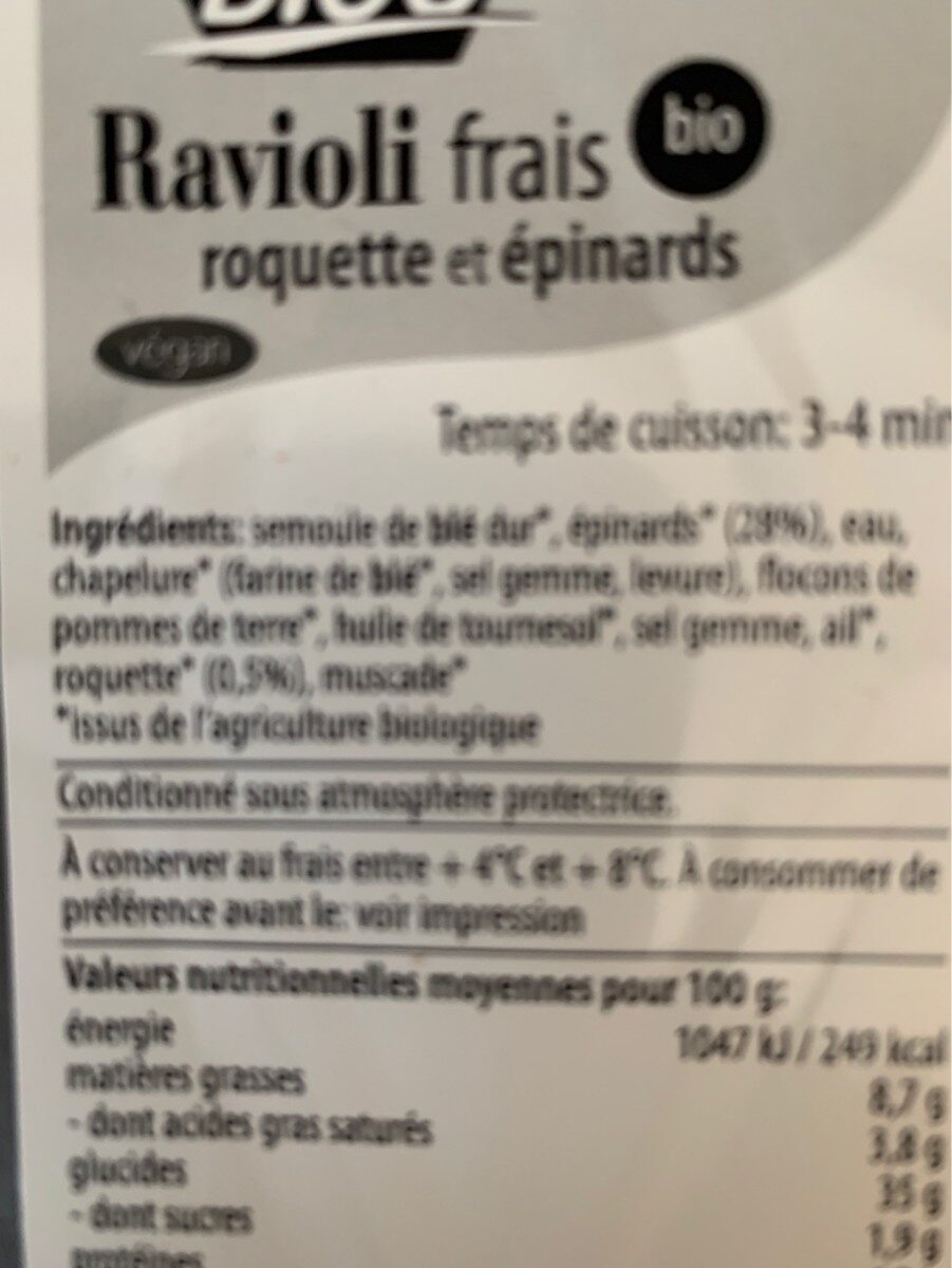 Biog Ravioli frais Roquette Épinards - Ingredients - fr