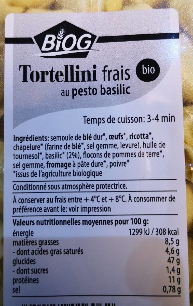 Tortellini frais au pesto basilic - Tableau nutritionnel