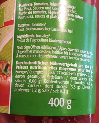Bio puree de tomate - Tableau nutritionnel