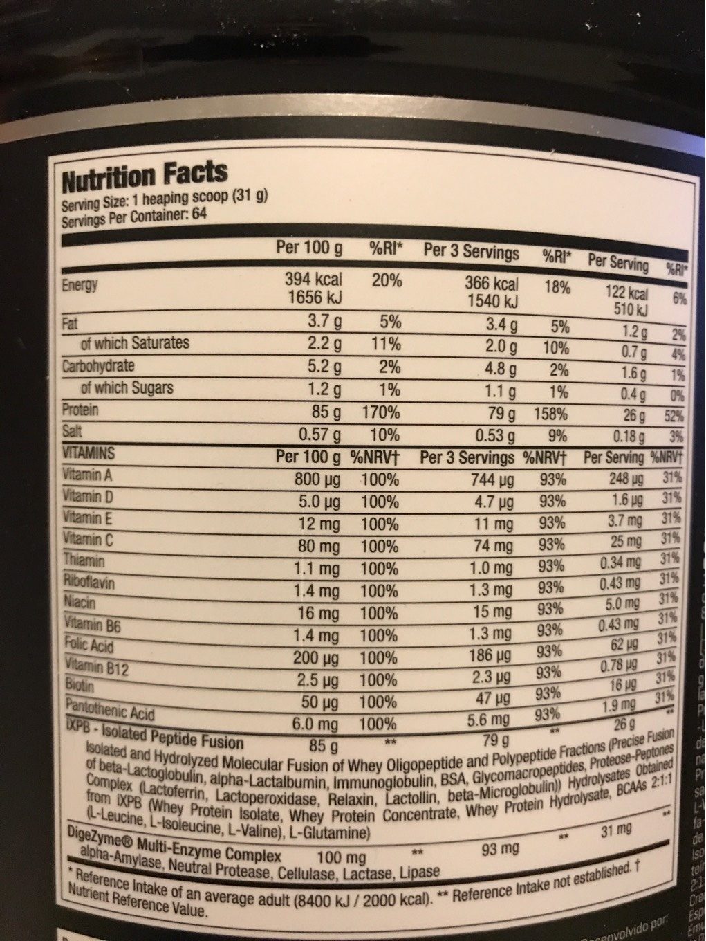 Whey Hydro Isolate - Tableau nutritionnel