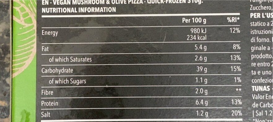 Pizza mozzarela, olivas y champiñones - Informació nutricional - es