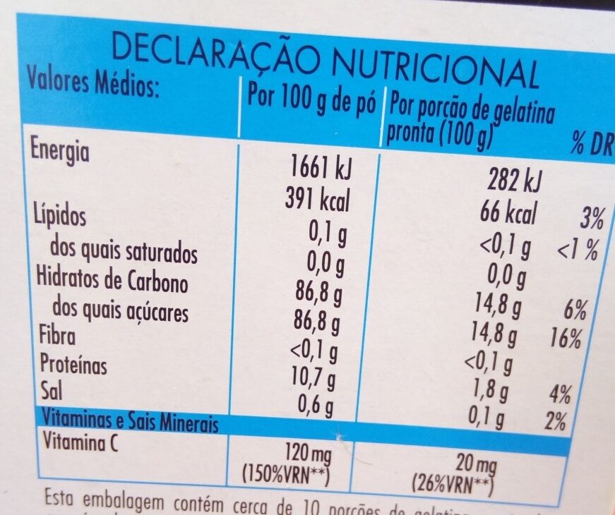 Gelatina sabor pessego - Dados nutricionais