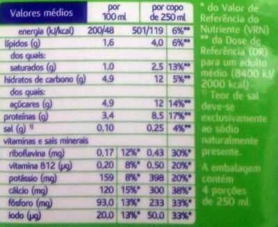 Bem Essencial leite meio-gordo - Información nutricional - pt