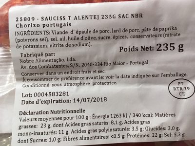 Chourico Do Alentejo - Ingredients - fr