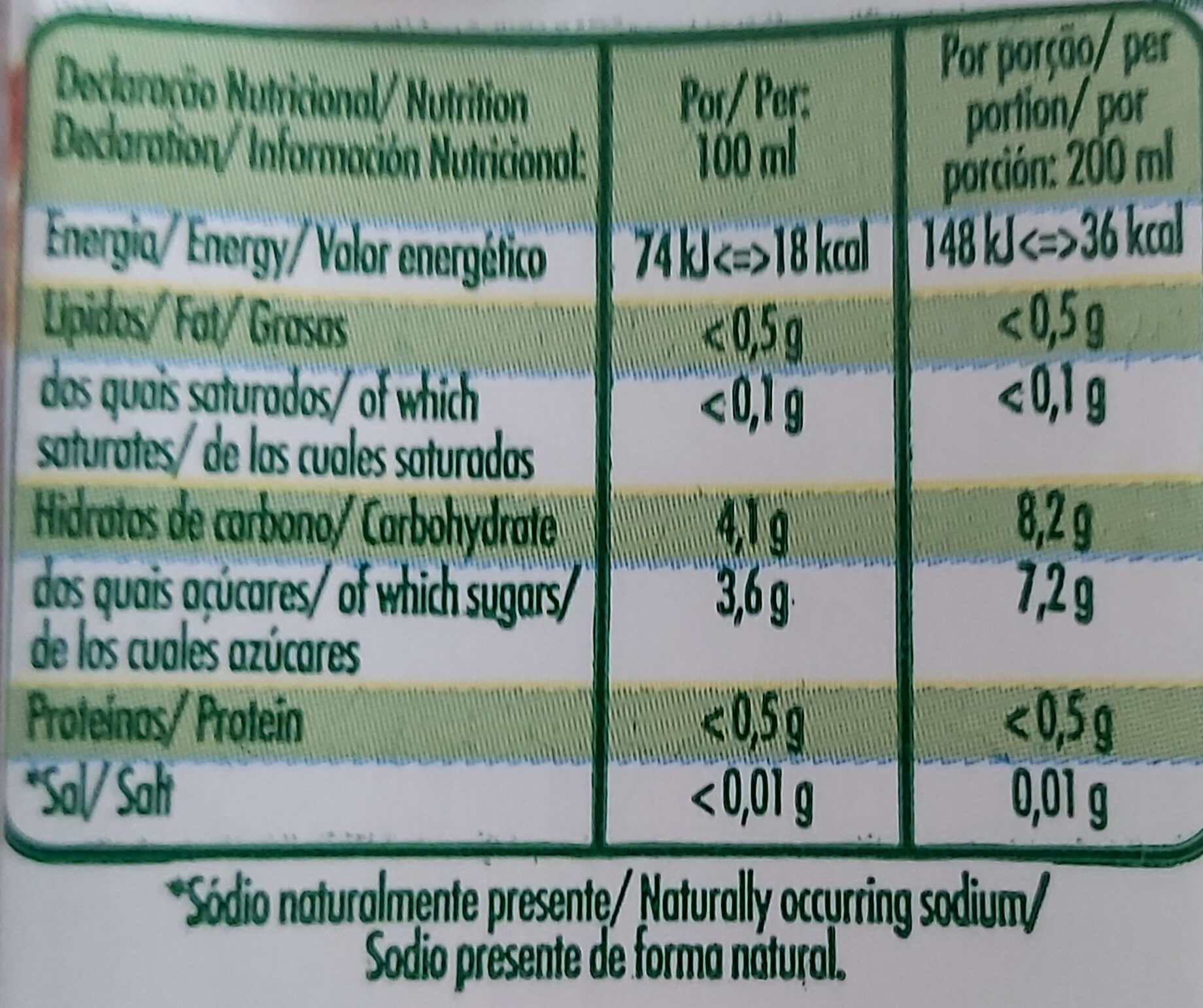 Néctar Compal Vital  Manga Laranja 20 Cl - Dados nutricionais