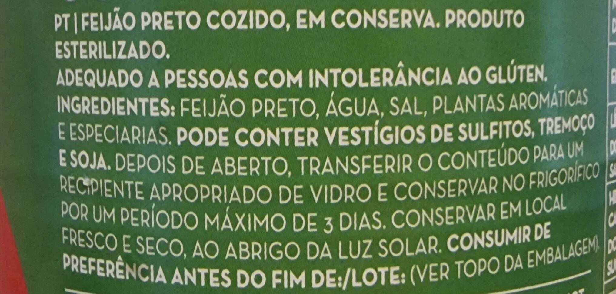 Feijão Preto Cozido - Ingredientes