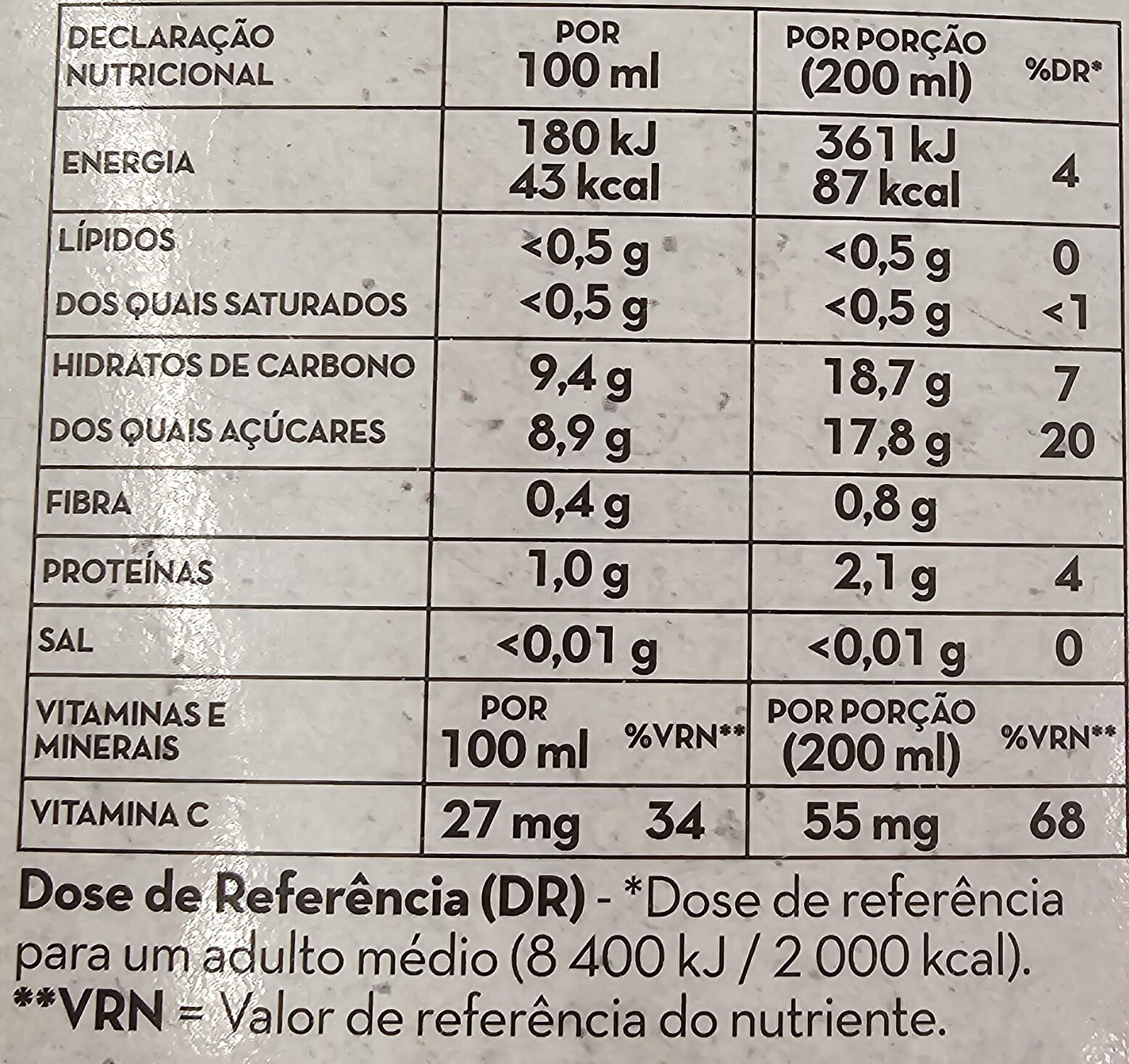 Laranja com Polpa - Nutrition facts - pt