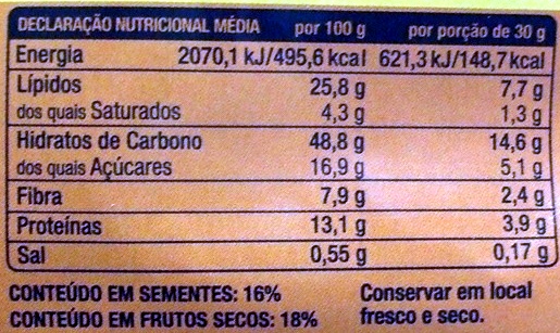 Granola superior - Dados nutricionais