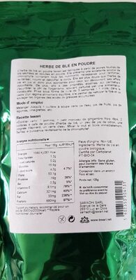 Herbe De Blé En Poudre Bio - 125 g - Iswari - Tableau nutritionnel