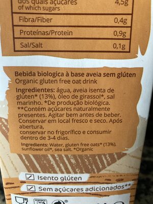 Organic gluten free oat drink - Ingrédients - pt