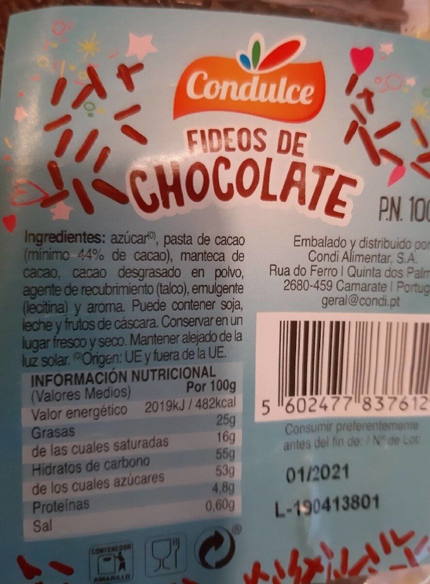 FIDEOS DE CHOCOLATE - Informació nutricional - es