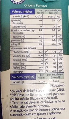 Leite Meio-Gordo Mimosa Bem Essencial Sem Lactose - Dados nutricionais