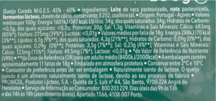 Queijo Açoriano - Nutrition facts - pt