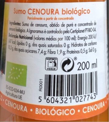 Bio Cenoura - Dados nutricionais