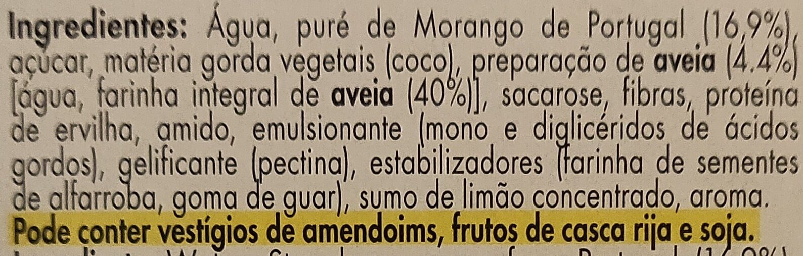 Gelado vegetal de aveia com preparado de morango com pedaços de morango de Portugal - Ingredientes