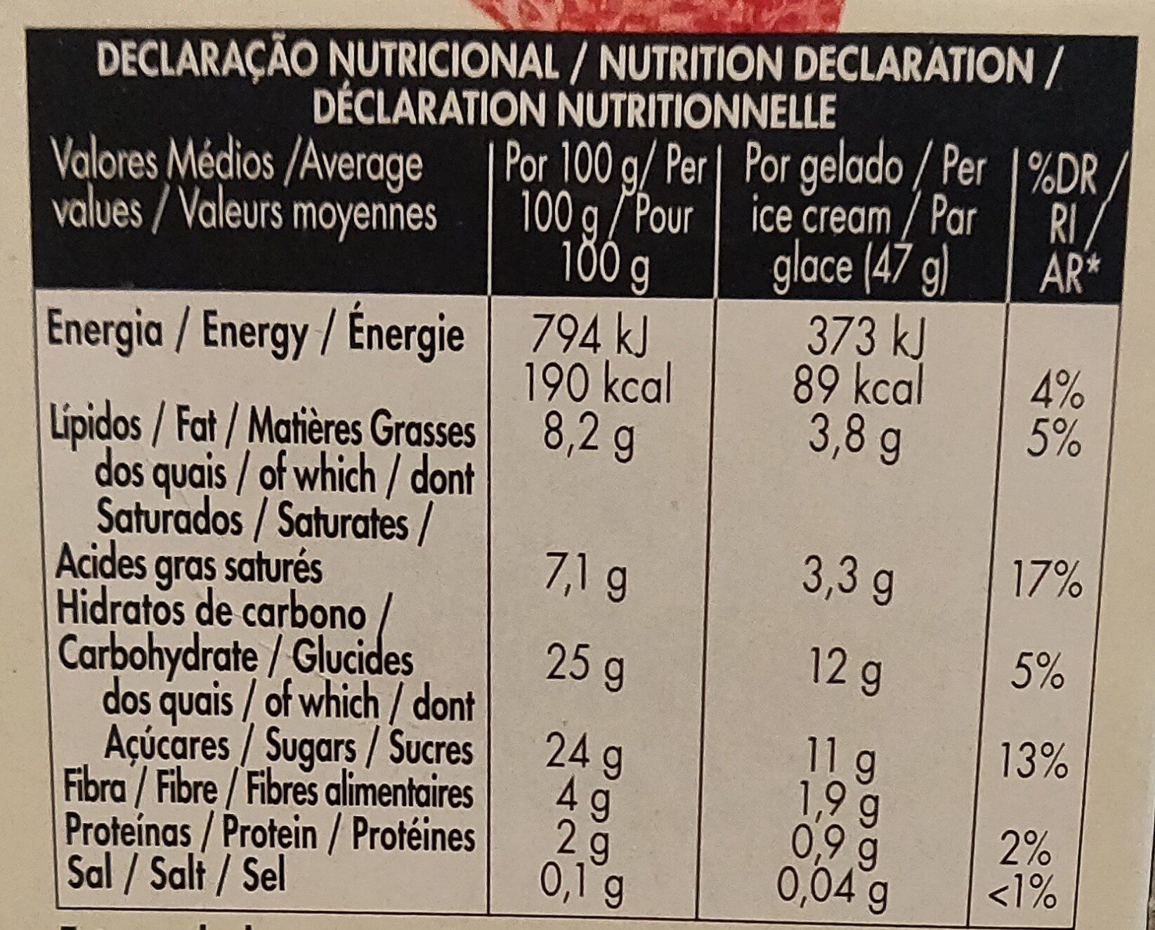 Gelado vegetal de aveia com preparado de morango com pedaços de morango de Portugal - Dados nutricionais