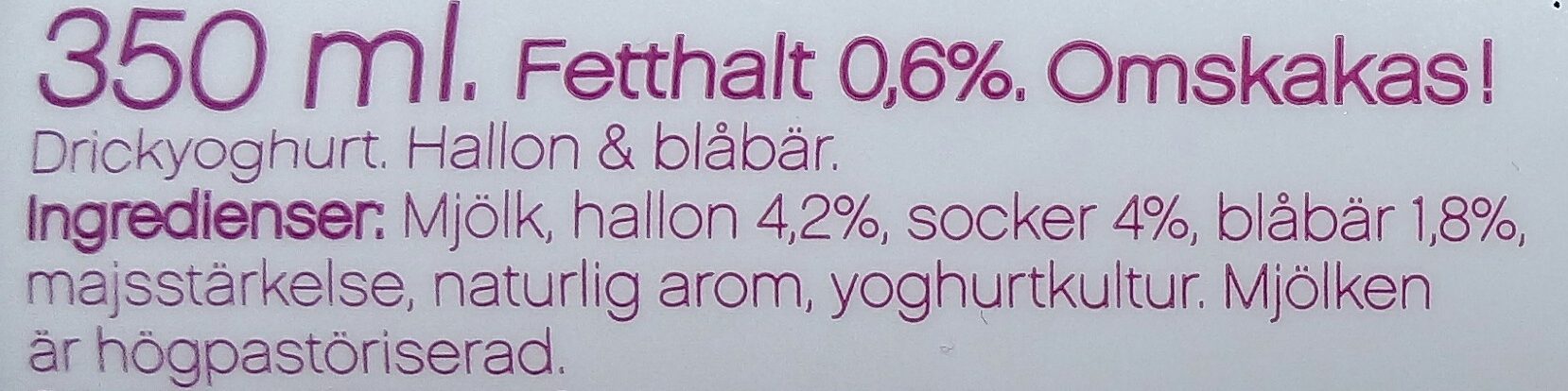 Yoggi yalla! Drickyoghurt Hallon Blåbär - Ingredienser