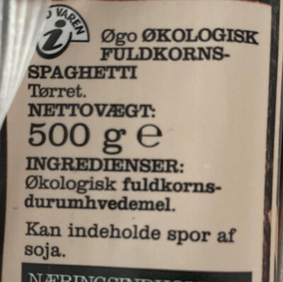 Okologisk uldkorns spaghetti - Ingredienser