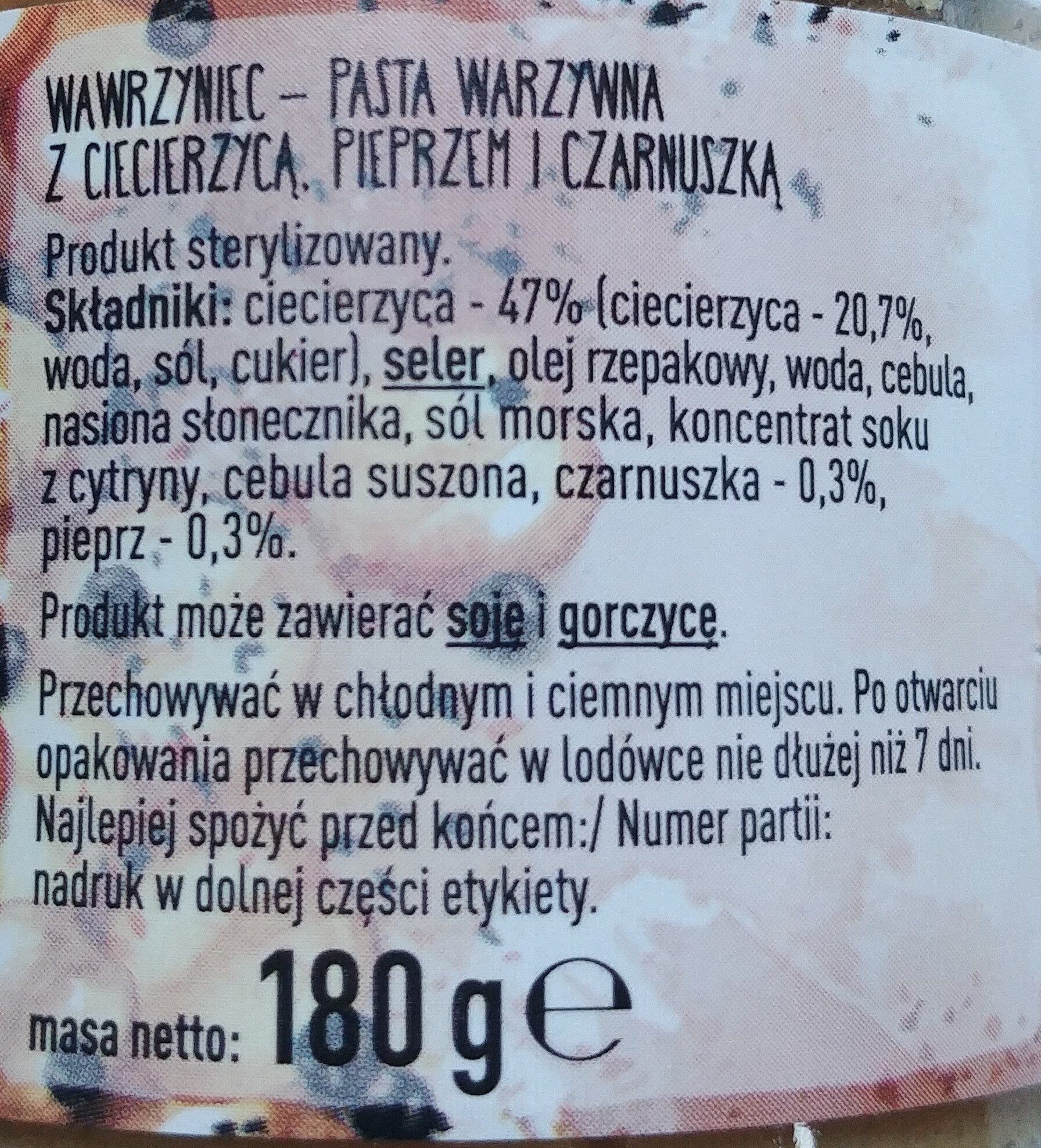 Wawrzyniec - Pasta warzywna z ciecierzycą, pieprzem i czarnuszką - Ingrédients - pl