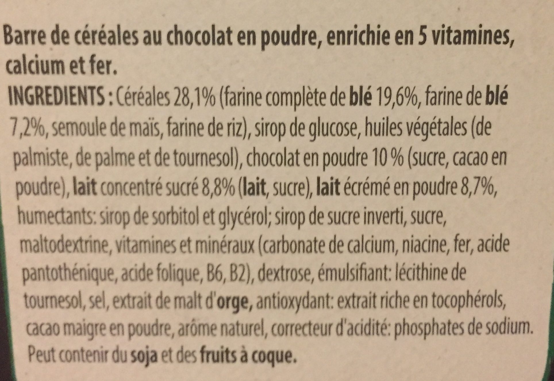 CHOCAPIC Barres de Céréales 12x25g - Ingredients - fr