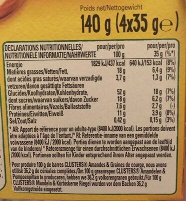 CLUSTERS almonds seeds barres de céréales - Tableau nutritionnel