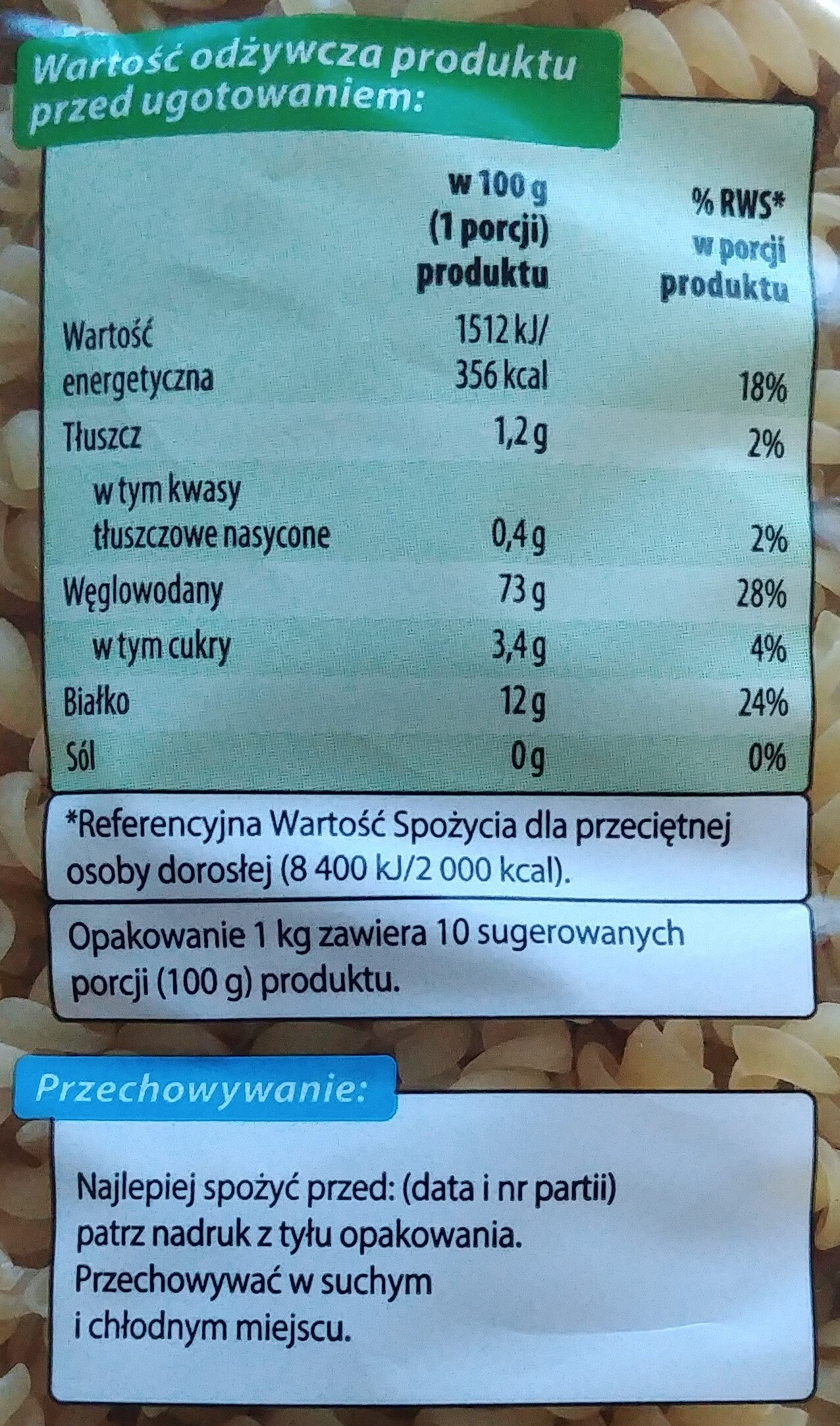 Makaron świderki - Voedingswaarden - pl