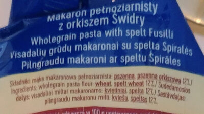 Makaron pełnoziarnisty z orkiszem - Ingredients - pl