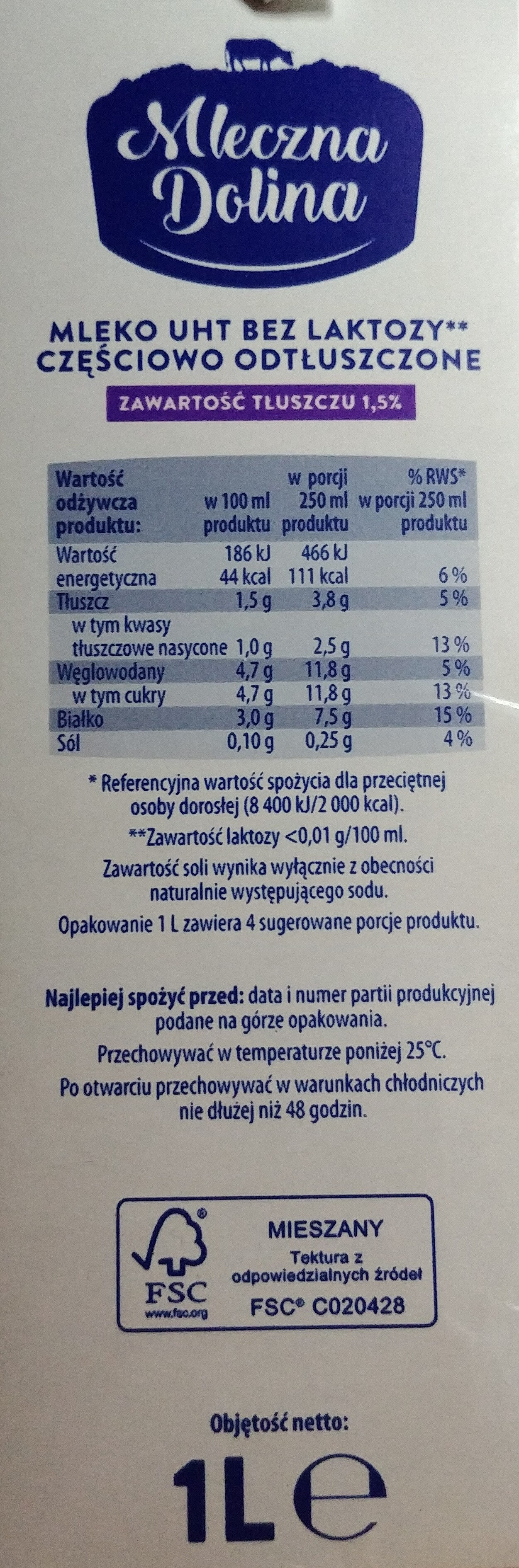 Mleko UHT 1,5 % - Nutrition facts - pl
