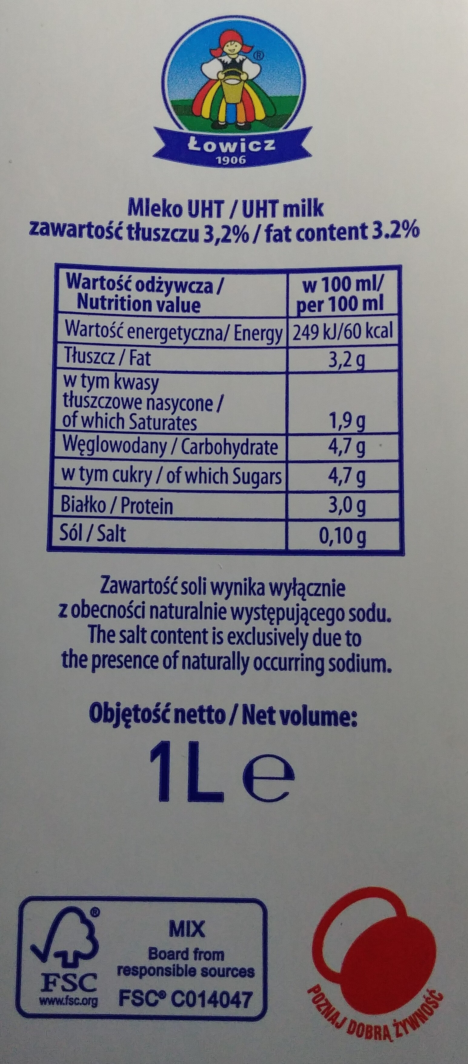 Mleko UHT 3,2 - Wartości odżywcze