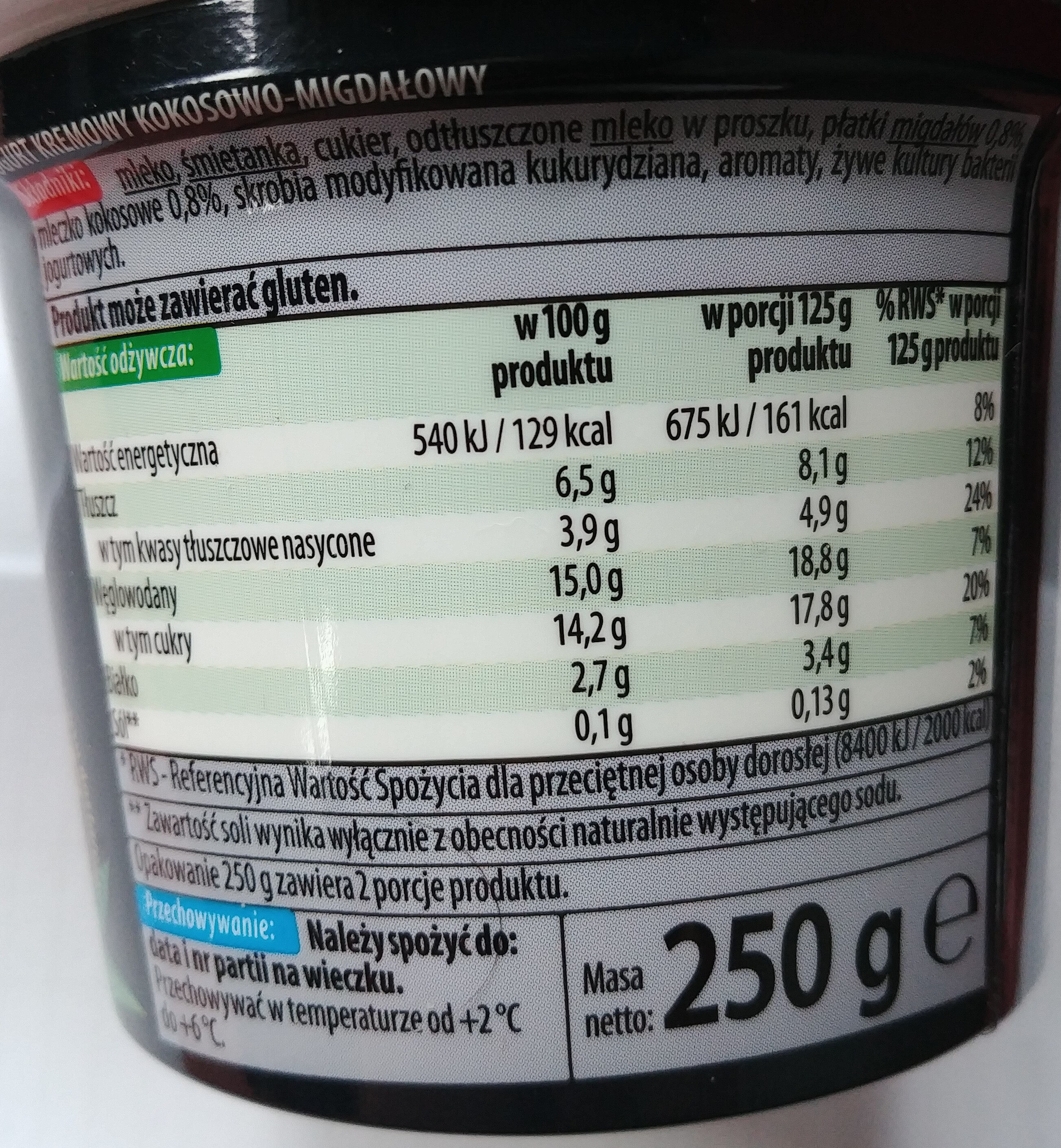 Jogurt kremowy kokosowy-migdały - Voedingswaarden - pl