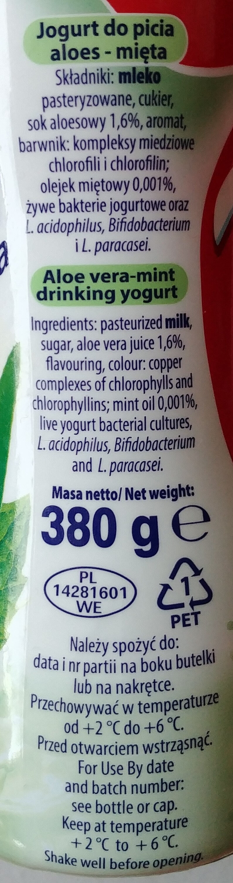 Jogurt do picia aloes - mięta. - Ingredients - pl