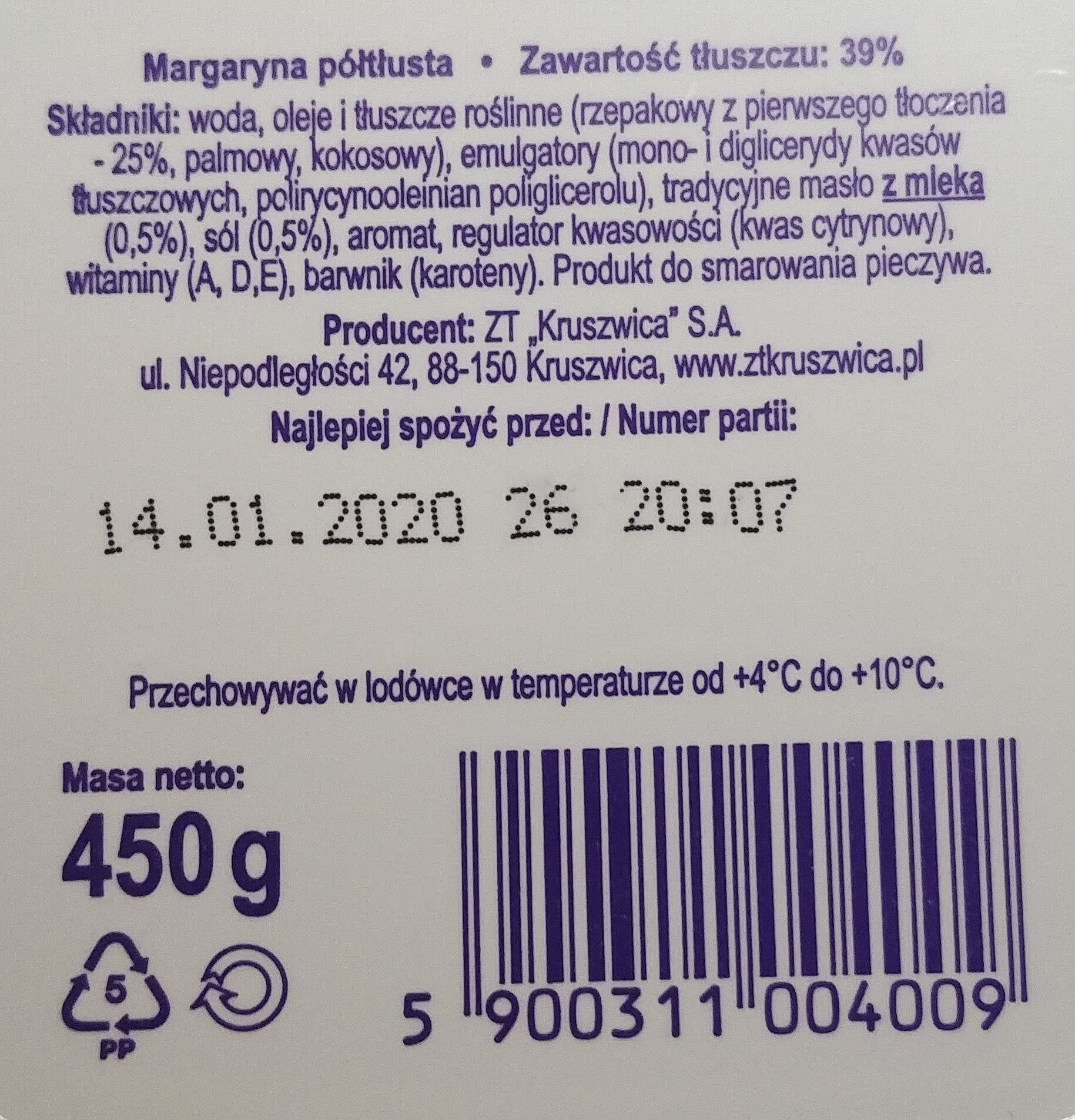 Margaryna półtłusta 39% - Ingrediënten - pl