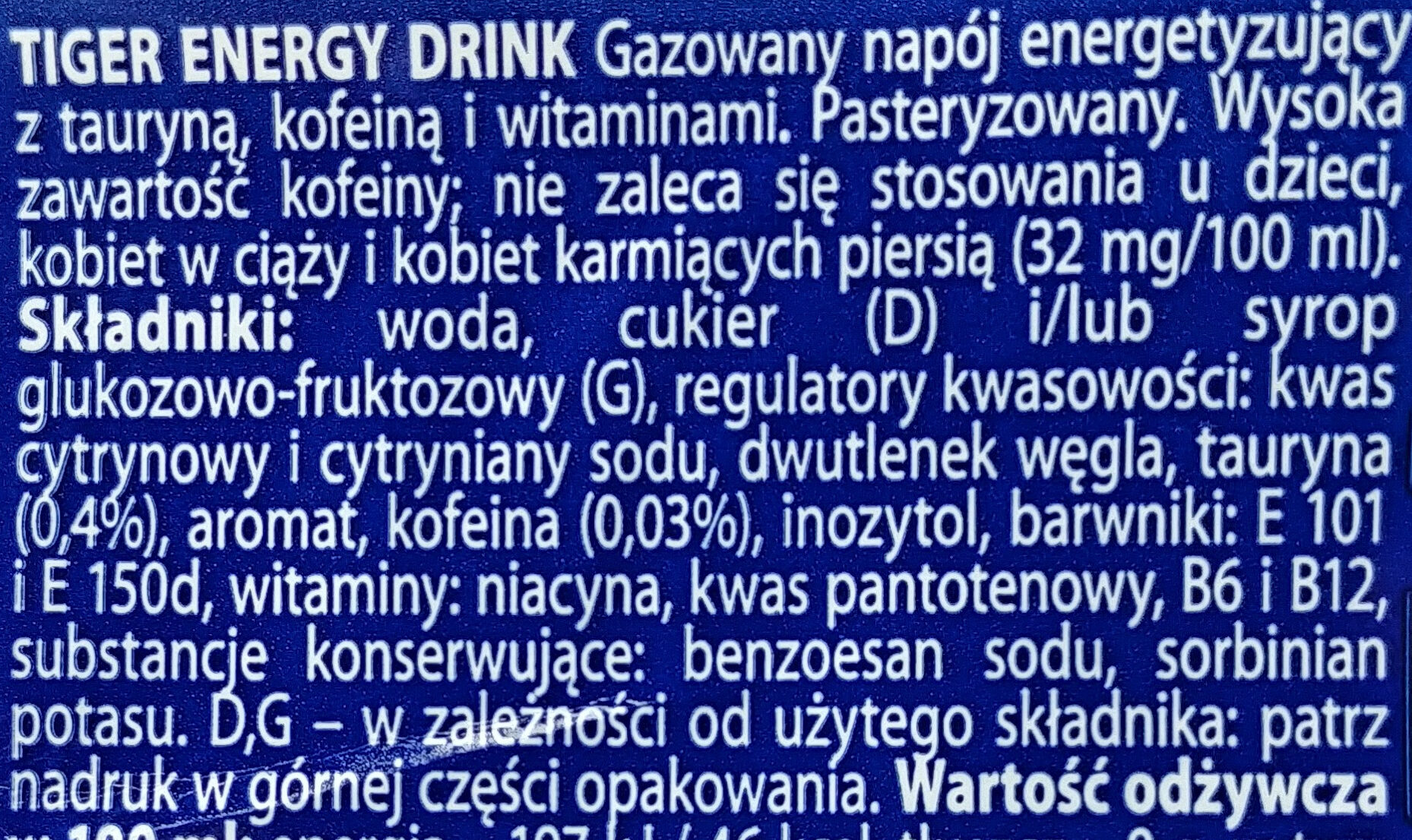 Tiger energy drink - Ingrédients - pl