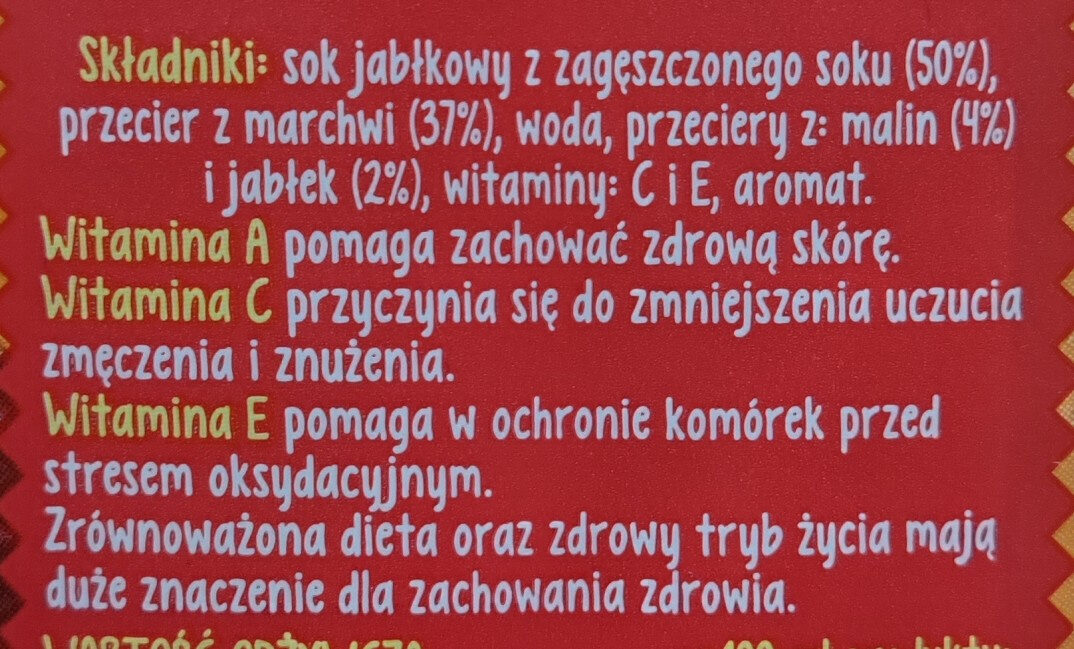 Sok vitamini JABŁKO MARCHEW MALINA - Ingrédients - pl