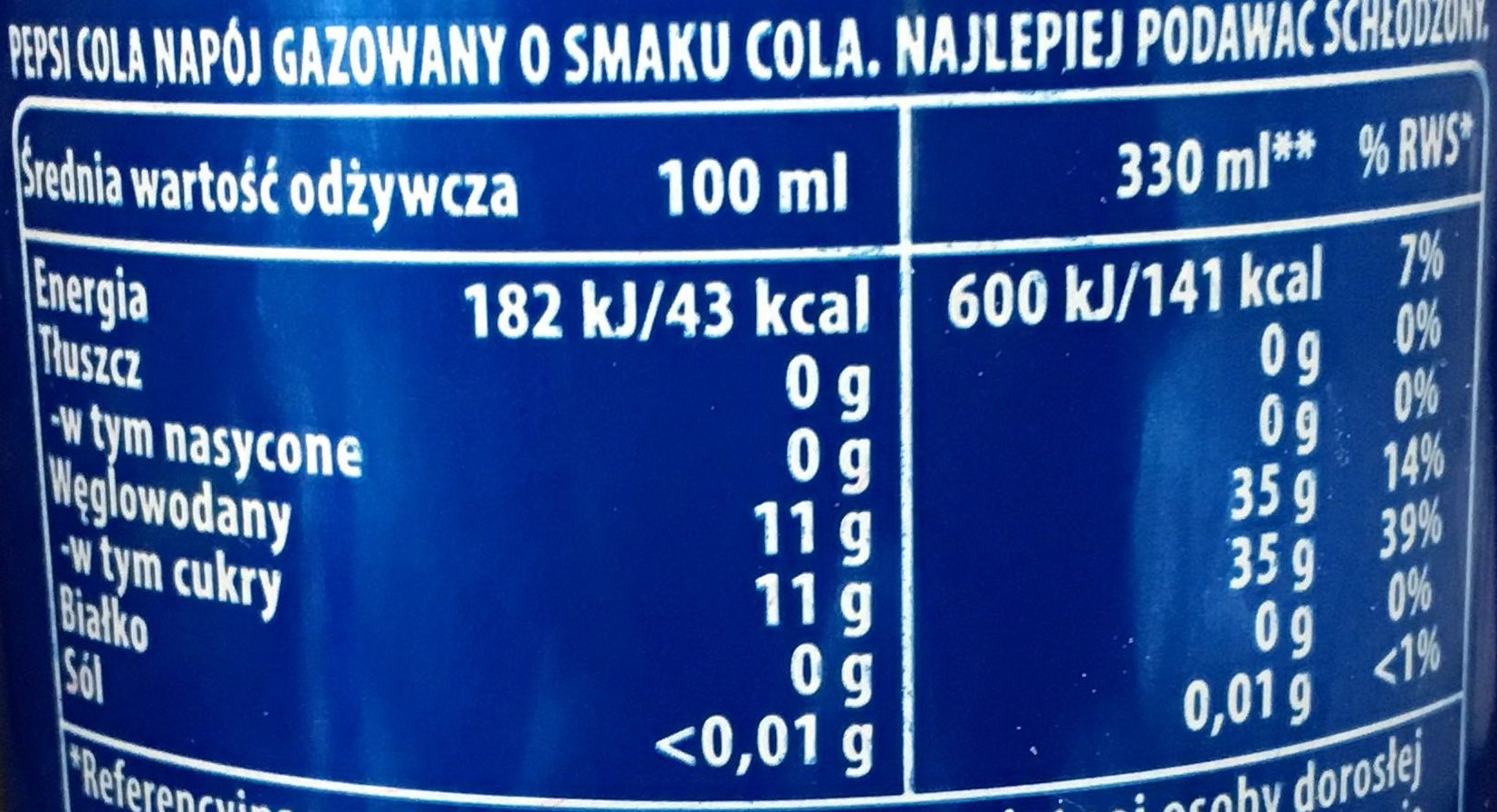 Pepsi, Cola - Información nutricional - pl