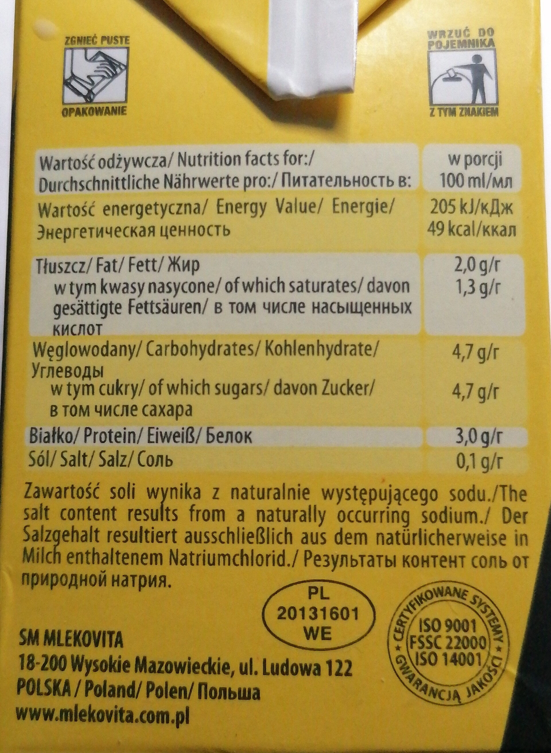 Mleko 2 % wypasione - Nutrition facts - pl