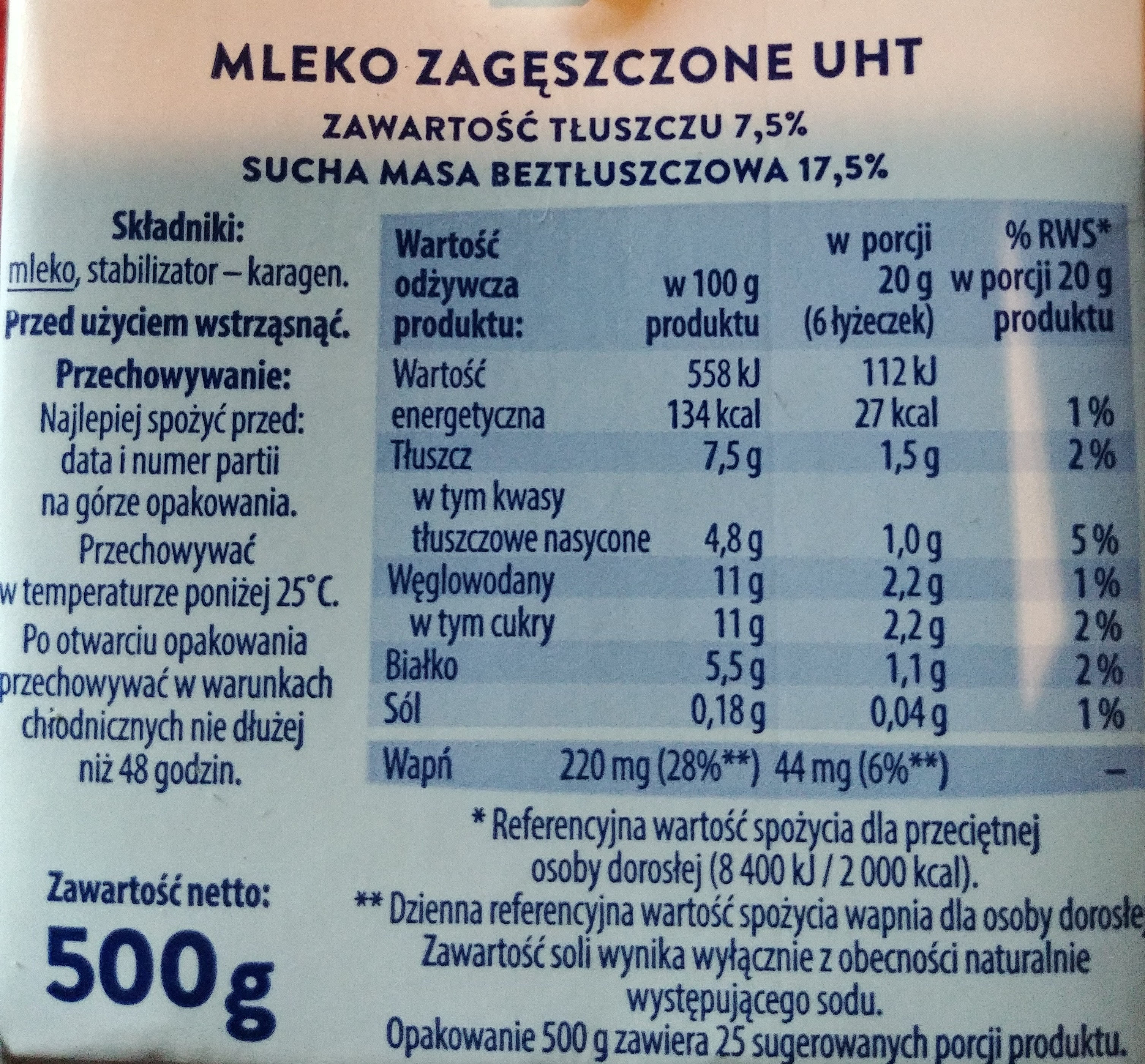 Mleko zagęszczone UHT 7,5% - Nutrition facts - pl