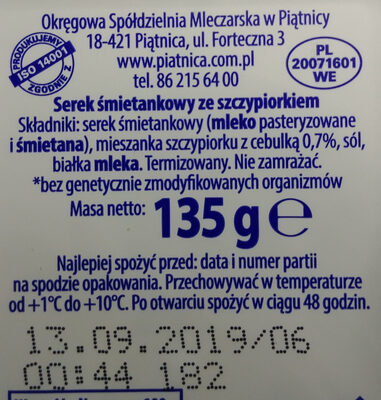 Piątnica Serek Twój Smak Ze Szczypiorkiem - Ingrediënten - pl