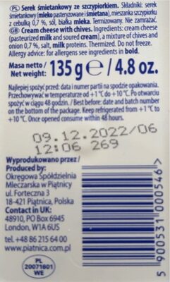 Piątnica Serek Twój Smak Ze Szczypiorkiem - Tableau nutritionnel - pl