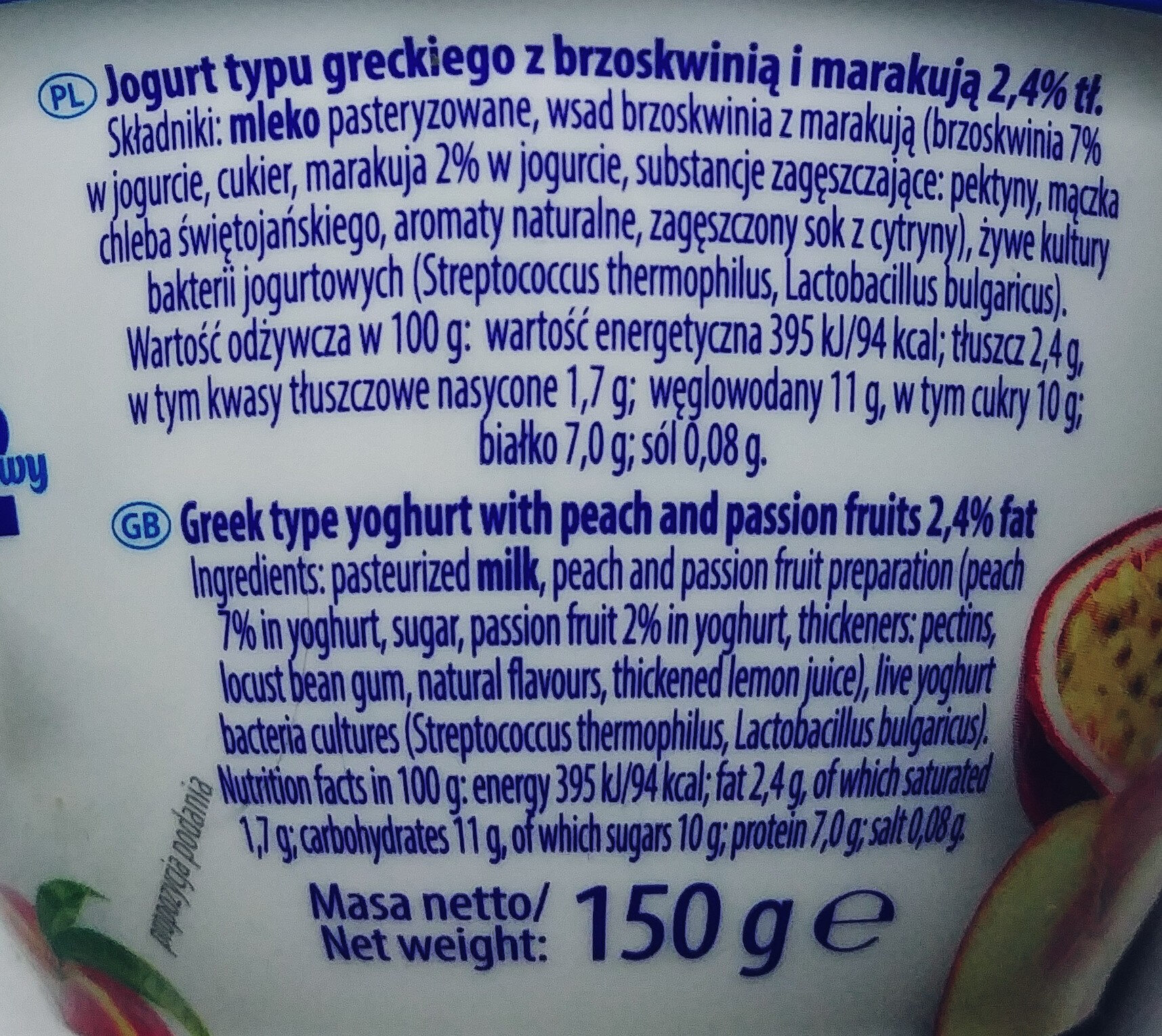 Jogurt typu greckiego z brzoskwinią i marakują 2,4% tłuszczu - Ingredients - pl